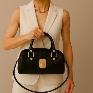 Francesco Rogani Black Leather Structured Handbag Gold Hardware Top Handle